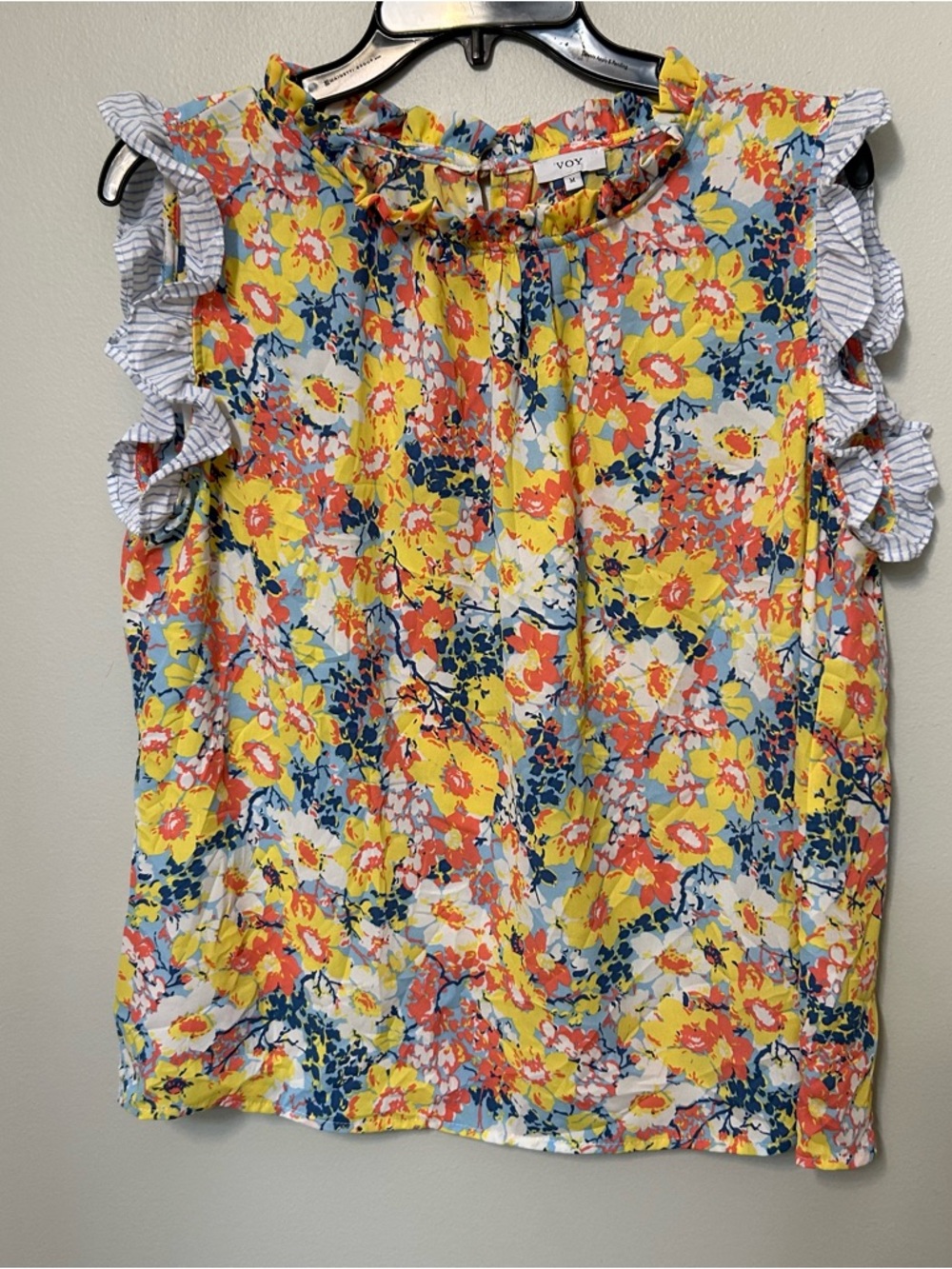 VOY Women’s M Blouse Top Floral Ruffle Sleeve Beach Vacation EUC